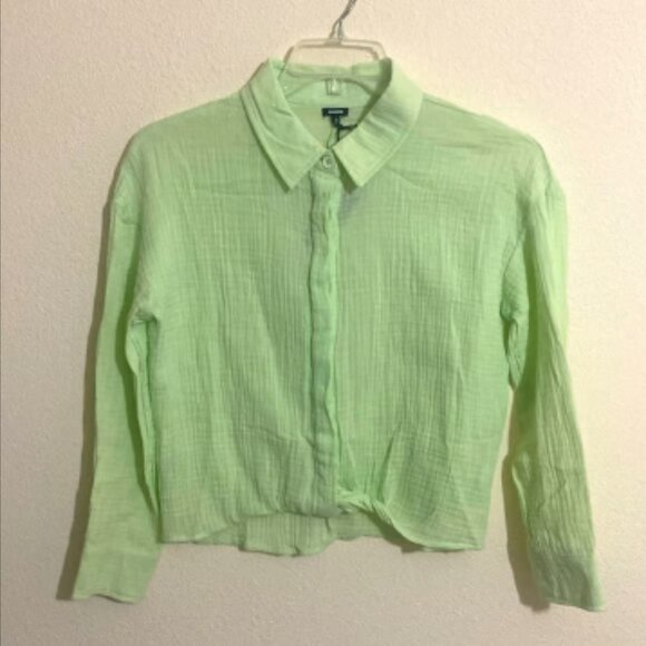 MONROW Women's Cotton Gauze Collared Blouse w Twisted Hem Size M - Picture 1 of 5